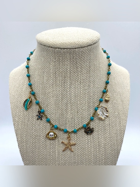 Hand Crafted Jewelry - Blue Gold Beaded Necklace Beach Charms Boho Y2K Summer Preppy Eclectic Festival